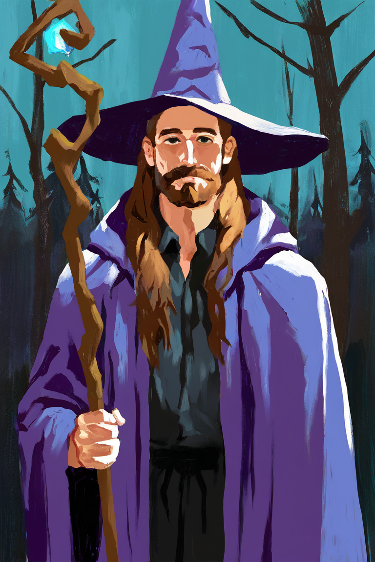 masterpiece, best quality, highres, newest, abstractionism, brush stroke, traditional media, 1boy, solo, male focus, mature male, wizard, long hair, brown hair, black eyes, looking at viewer, hat, facial hair, beard, mustache, staff, wizard hat, purple hat, black shirt, collared shirt, robe, purple robe, hooded cloak, holding, holding staff, upper body, closed mouth, standing, outdoors, forest, nature, tree, fog, dark background <lora:Abstract Painting - Style [LoRA] - NoobAI-XL EPS 1.0:0.8>