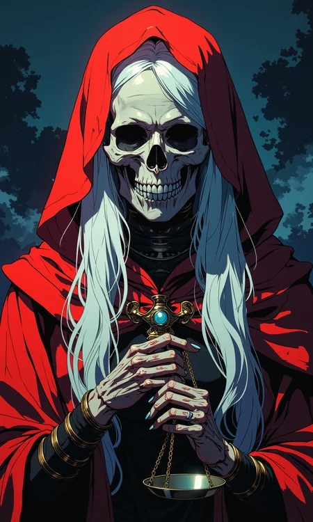 A hauntingly surreal portrait of a 25-year-old woman, her visage a stark juxtaposition of life and death. Only her face is a skeletal skull, its bony structure sharply defined against her otherwise normal body. Her long, pale white hair cascades smoothly down, framing the macabre beauty of her skull. Draped over her head is a crimson shroud, its folds rich and dramatic, adding a striking contrast to her ghostly features.
She holds a delicate scale close to her face, the metallic sheen catching the light as if to symbolize judgment or balance, lending an air of mystique and meaning to the scene. The high contrast between the crimson shroud, her pale hair, and the dark navy background creates a vivid, otherworldly atmosphere. Volumetric lights cut through the darkness, their soft beams diffusing around her form, enhancing the depth and surreal quality of the portrait.
The composition is both eerie and elegant, with atmospheric details like subtle mist and shadow lending a sense of movement and ethereality. The scene evokes a powerful narrative, blending themes of mortality, justice, and mystery into a single, unforgettable image, anime, OBdonman