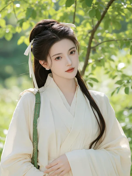 This is a high-resolution photograph featuring a young East Asian woman with a fair complexion and delicate features. She has long, dark brown hair styled in a loose, natural manner, adorned with two white, bow-like hair accessories. She is dressed in a traditional, light-colored hanfu with a high collar and long sleeves, which contrasts with the green straps of her bag. The background is a lush, green forest with dappled sunlight filtering through the trees, creating a serene and natural setting. The lighting is soft and natural, enhancing the subject's youthful and ethereal appearance. The image employs the rule of thirds, with the woman positioned slightly off-center to the right, drawing attention to her calm, introspective expression. The composition is balanced, with the greenery in the background providing a tranquil backdrop.
