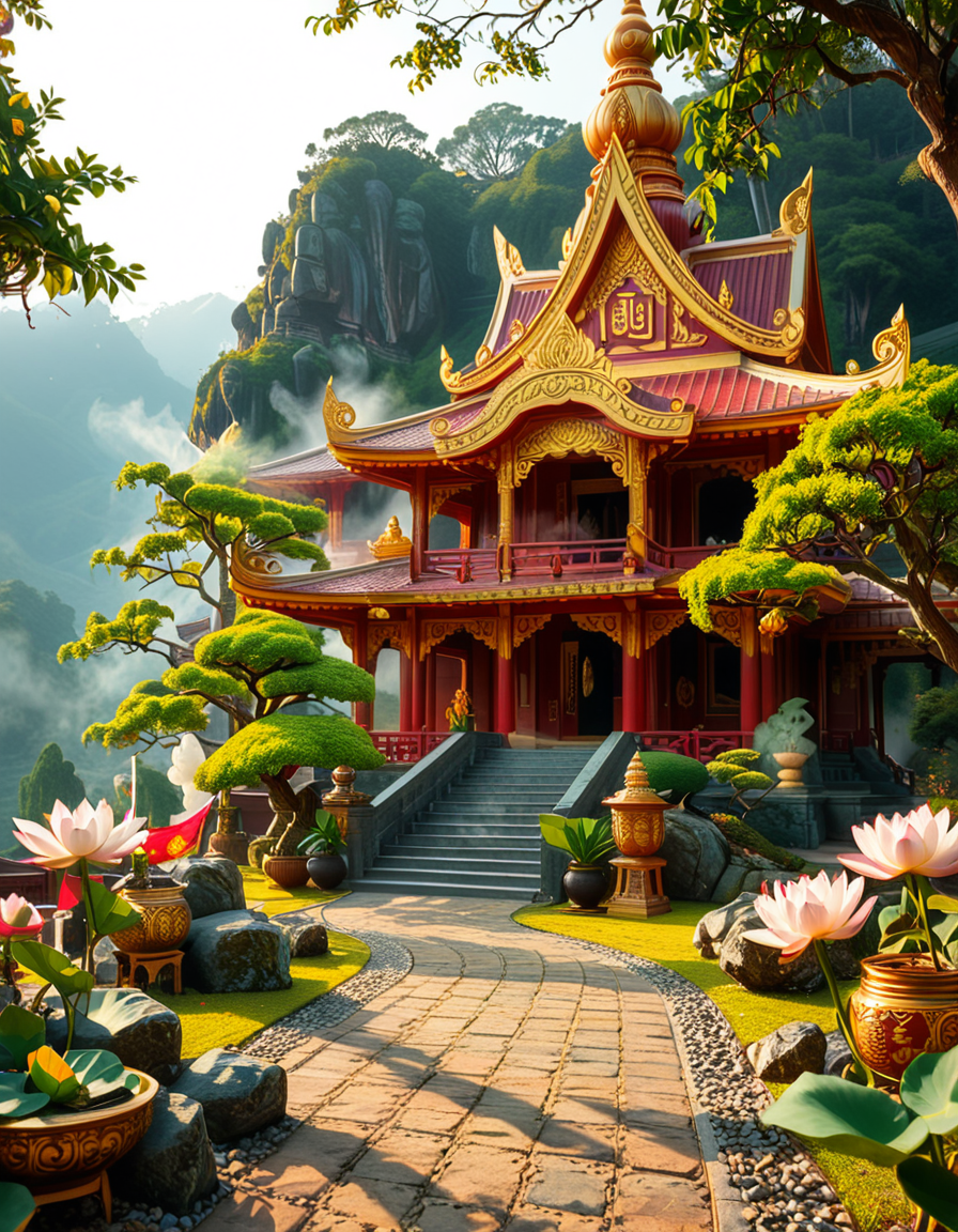 A majestic Buddhist temple nestled in a lush, misty mountain landscape. The temple features traditional curved rooftops with golden ornaments, intricate wooden carvings, and red and gold-painted walls. Large prayer flags in vibrant colors flutter in the wind, adding a spiritual atmosphere. A long stone staircase, partially covered in moss, leads to the main entrance, where a pair of large guardian statues stand watch. The scene is bathed in soft morning light, with gentle rays filtering through the mist, creating a serene and mystical ambiance. The background consists of towering green mountains and a sky with soft pastel hues. In the foreground, a Buddhist monk in deep orange robes walks peacefully along a stone pathway, holding a string of prayer beads. The overall composition conveys a sense of tranquility, spirituality, and harmony with nature.
<lora:SDXLFaeTastic2400:0.4> <lora:extremely_detailed:0.4> extremely detailed,<lora:Buddhist_t3mpl3:1>,Buddhist t3mpl3, Masterpiece,best quality,hi res,8k,hi res,8k,award winning,(sharp focus, intricate, highly detailed),