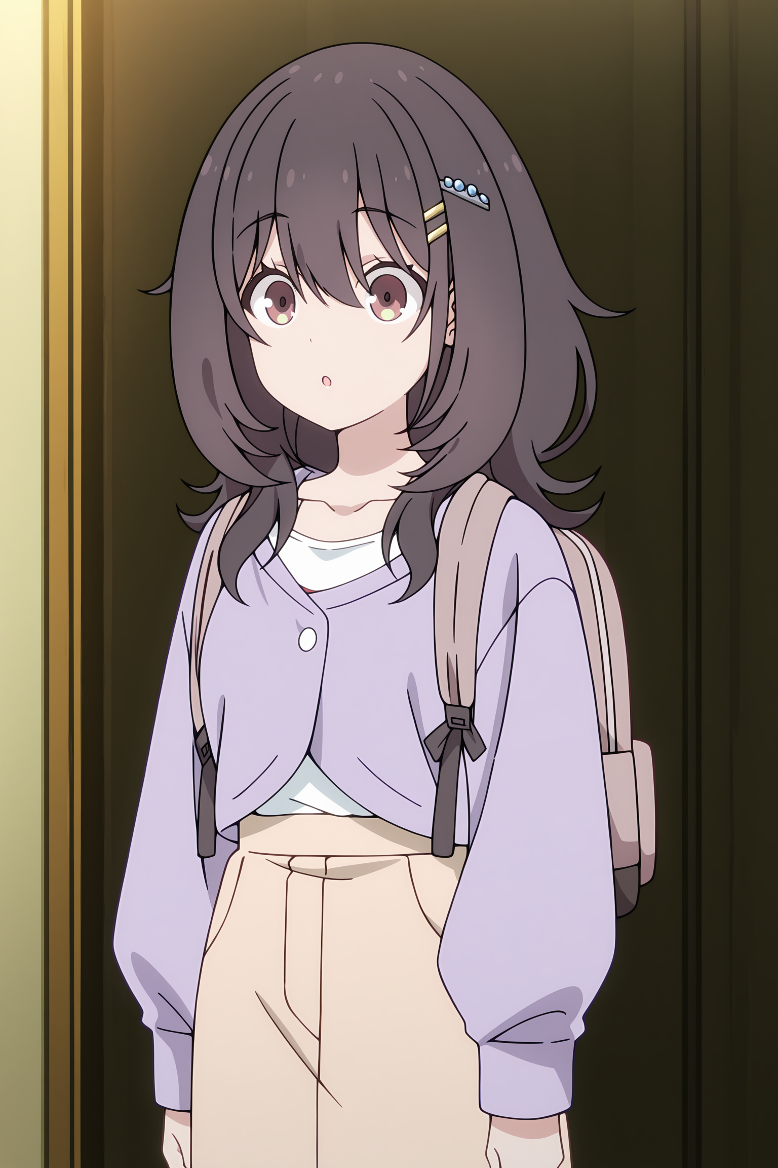 volumetric lighting, official style, amazing quality, ultra detailed, highres, detailed background, anime screenshot, anime screencap, anime coloring, masterpiece, detailed face,1girl  <lora:mako_kawai__-15:0.9>mako_kawai, mako_kawai(outfit 2), black hair, solo, long sleeves, long hair, hair ornament, hairclip, brown and yellow eyes, bangs, tan skirt, white undershirt, collarbone, hair between eyes, bag, backpack, parted lips, :o, purple jacket, sleeves past wrists