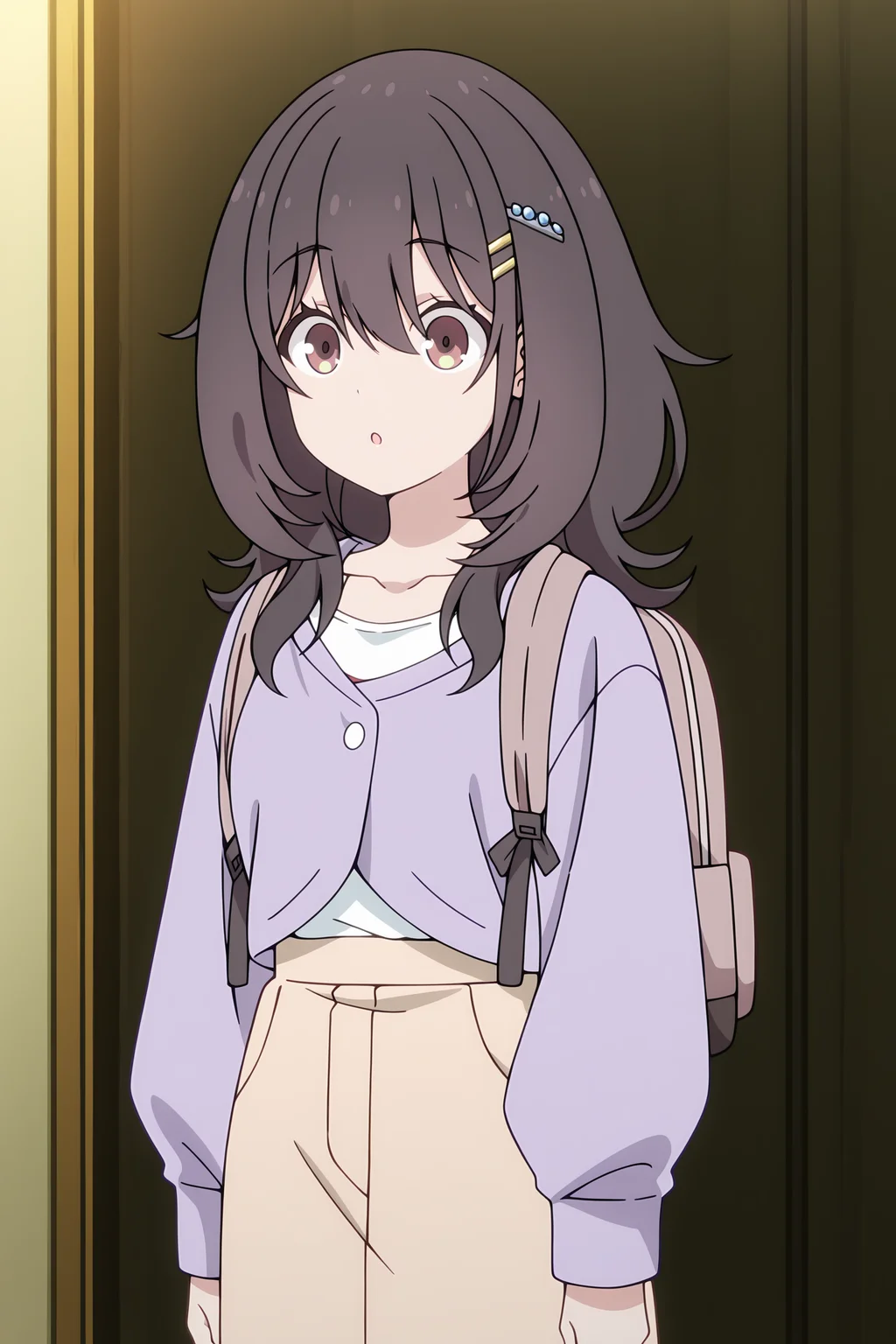 volumetric lighting, official style, amazing quality, ultra detailed, highres, detailed background, anime screenshot, anime screencap, anime coloring, masterpiece, detailed face,1girl  <lora:mako_kawai__-15:0.9>mako_kawai, mako_kawai(outfit 2), black hair, solo, long sleeves, long hair, hair ornament, hairclip, brown and yellow eyes, bangs, tan skirt, white undershirt, collarbone, hair between eyes, bag, backpack, parted lips, :o, purple jacket, sleeves past wrists