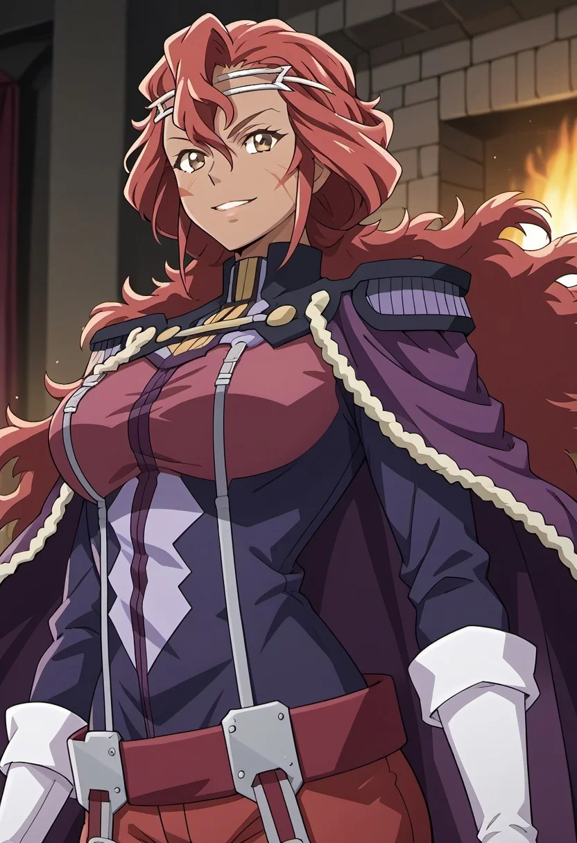 score_9, score_8_up, score_7_up, source_anime, red hair, long hair, brown eyes, dark-skinned female, scar on face, hair ornament, cape, epaulettes, purple jacket, white gloves, red pants,1girl, solo, room, cozy,black lace nightgown, comfy, dim light, fireplace, huge butt, large breasts, wide hips, curvy body, voluptuous, toned body, thick thighs, cowboy shot, beautifull scene, beautifull girl, standing, smile, Upper body, below view, side view