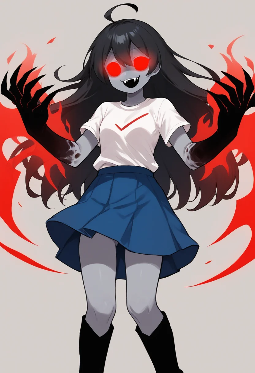 masterpiece, best quality, uncensored, source_anime BREAK score_9, score_8_up, score_7_up, score_6_up, score_5_up, score_4_up, 1girl, solo, skymanifest, monster girl, colored skin, grey skin, long hair, black hair, no pupils, red eyes, glowing eyes, Expressiveh, evil smile, fangs, red aura, aura on hands, white shirt, short sleeves, blue skirt, black footwear, knee boots, black hands <lora:Expressive_H:0.6> <lora:add-detail-xl:0.5> <lora:sky_friday_night_funkin:0.8>