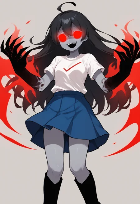 masterpiece, best quality, uncensored, source_anime BREAK score_9, score_8_up, score_7_up, score_6_up, score_5_up, score_4_up, 1girl, solo, skymanifest, monster girl, colored skin, grey skin, long hair, black hair, no pupils, red eyes, glowing eyes, Expressiveh, evil smile, fangs, red aura, aura on hands, white shirt, short sleeves, blue skirt, black footwear, knee boots, black hands <lora:Expressive_H:0.6> <lora:add-detail-xl:0.5> <lora:sky_friday_night_funkin:0.8>