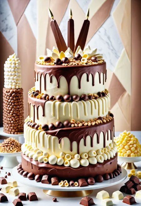 A masterpiece of a giant cake, (Spear:1.1) , Pure, symmetry, pleasant, great, Jed-ChocoC, chocolate, cereals, <lora:last:0.7>, Jed-whtccae, <lora:WhiteChocoStyle-000005:0.6>, Jed-mrshmlw, <lora:MarshmallowStyle-000007:0.5>, Icing, stunningly beautiful background, masterpiece, positive emotions, polished, fertile, handsome, set logical ambient background, highly detailed, holy