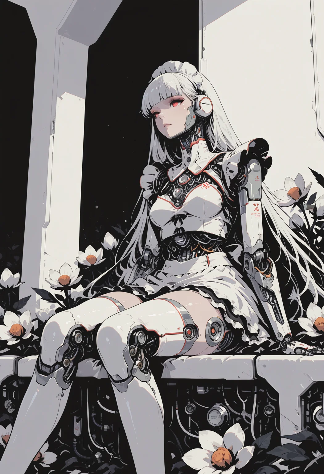 1girl, sitting, bent knees, white theme, beautiful android girl, detailed mechanical parts visiblem, flower design silver trim on mechanical parts, ((shiny white room with smooth surfaces)), long hair, maid, maid headdress, frilled mini skirt, thighhighs,
sinozick style, flat color, dark theme, in the style of cksc, illustration, masterpiece, (extremely detailed CG 8k), (very fine 8K CG), (ultra detailed perfect piece:1.2), lat color, no lineart,,(no lineart, flat art style:1.0), NO_LINE_ART, comical, simple,
<lora:Sinozick_Style_XL_Pony:0.35> <lora:NOOB_vp1_detailer_by_volnovik_v1:1> <lora:ponyv6_noobV1_2_adamW:0.9> <lora:ck-shadow-circuit-IL:1>