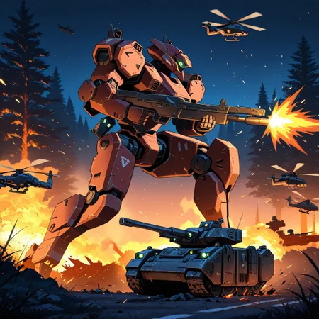 night-time, forest setting, city line in the distance, burning trees, small soldiers, masterpiece, best quality, amazing quality, detailed background, embers, raging fires, mecha, mechwarrior style, Angular head, humanoid arms, heavily armored body, well proportioned body, smooth metal, slinging rifle over shoulder, crushing tank in its hand, mono eye, glowing Green eye, Red colored mech, side view, heavily armored humanoid legs, on one knee, shoulder mounted missile pods on the mechs shoulders, large booster pack, wide legs, leg boosters, Detailed hands, Wrecked vehicles, destroyed tanks, helicopters flying in the air, mech focus, running while firing, artillery tanks firing overhead, aerial explosions, busty women running in the field