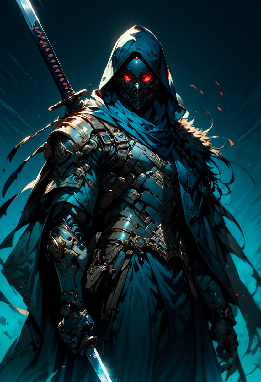 score_9,score_8_up,score_7_up, zPDXL, solo, red eyes, 1boy, holding, weapon, male focus, sword, hood, scarf, cape, holding weapon, armor, no humans, mask, glowing, blue background, holding sword, katana, robot, black background, sheath, cloak, science fiction, sheathed, glowing eye, one-eyed, cyborg
<lora:BioPunky:0.5> <lora:ikemenboys:0.2>  <lora:Expressive_H:0.2> <lora:Sinozick_Style_XL_Pony:0.2>   <lora:MUMU-000013:0.9>