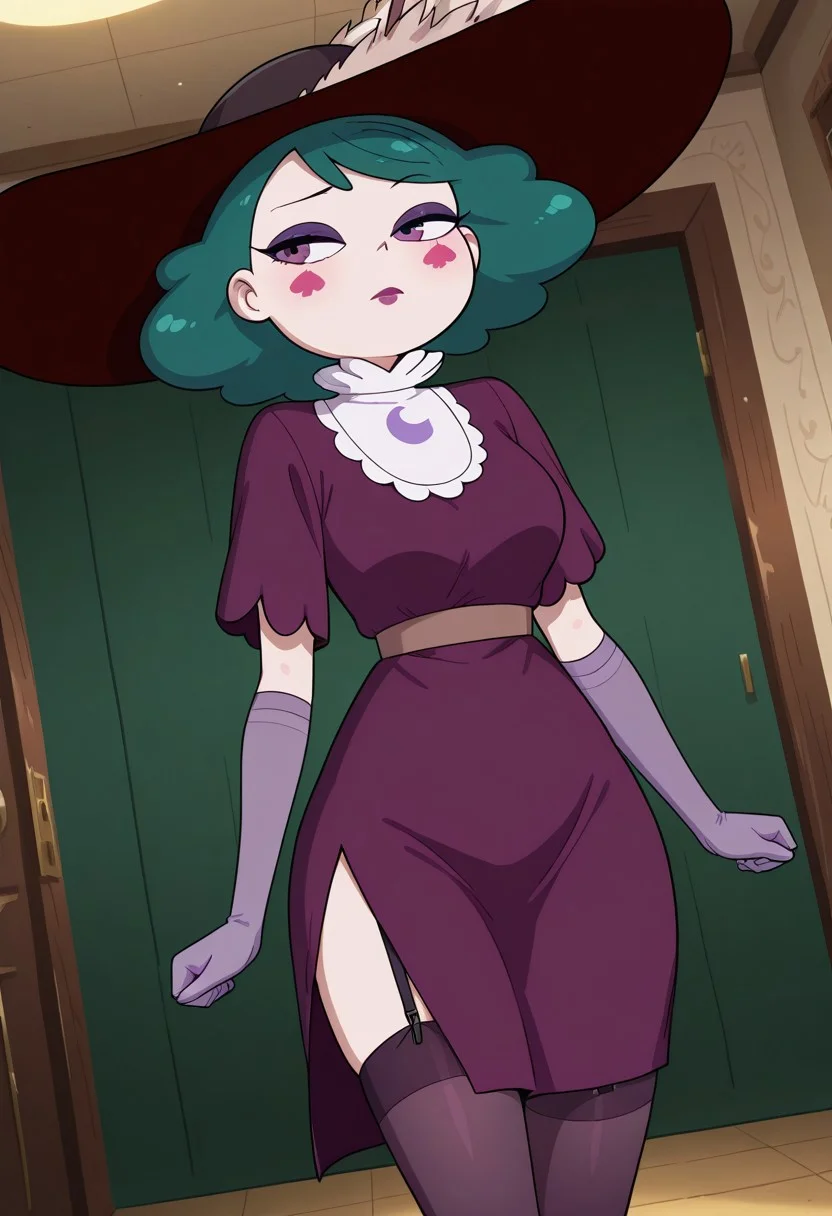 good quality, best quality, masterpiece, absurdres, high resolution, anime screencap, anime coloring, traditional media, masterpiece, best quality, amazing quality, very aesthetic, high resolution, ultra-detailed, absurdres, Indoors, dutch angle, cowboy shot
eclipsaILL
solo, green hair, purple eyes, makeup ,long purple dress, long hair, pantyhose, stockings, purple lipstick, elbow gloves, purple gloves, jewelry, hat, hat feather, garter straps, black footwear, eyeshadow, medium hair