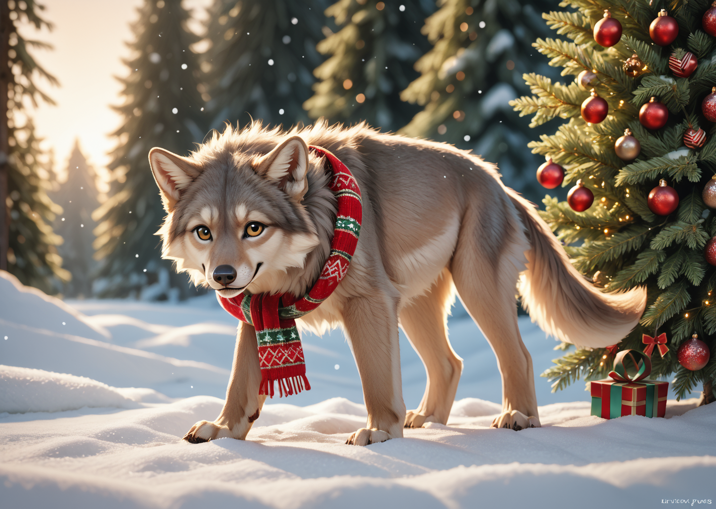 score_9, score_8_up, score_7_up, score_6_up, score_5_up, score_4_up, detailed, realistic, illustration, 8k, wolf pups wearing scarves playing in the snow near a christmas wreath (cute furry feral:1.2), source_furry <lora:Animal_Christmas:0.8> animal christmas