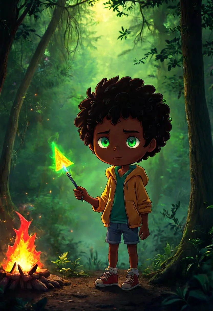 max (camp camp), dark fantasy theme, rainbow colored silhouette outline against a dark background,max (camp camp), 1boy, solo, human, male focus, curly black hair, curly tousled black hair, afro, dark skin, dark-skinned male,  large eyes, round eyes, green eyes,small nose, triangular nose, pointed nose, beautiful forest horror, anime, magical fantasy, plasma pattern, dark lights
,epic, cinematic colors, masterpiece, detailmaximizer, midjourneyv6.1