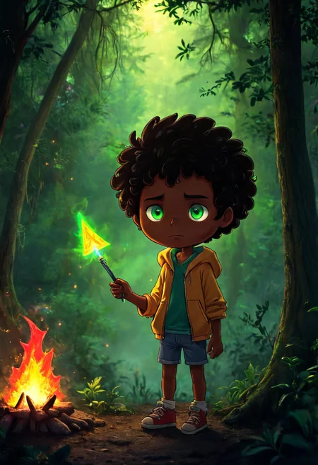 max (camp camp), dark fantasy theme, rainbow colored silhouette outline against a dark background,max (camp camp), 1boy, solo, human, male focus, curly black hair, curly tousled black hair, afro, dark skin, dark-skinned male, large eyes, round eyes, green eyes,small nose, triangular nose, pointed nose, beautiful forest horror, anime, magical fantasy, plasma pattern, dark lights
,epic, cinematic colors, masterpiece, detailmaximizer, midjourneyv6.1