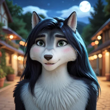 cowboy shot, white fur, green eyes, chromatic aberration, blurry, two-tone fur, outdoors, blurry background, body fur, wolf ears, night, letterboxed, furry, black eyes, looking at viewer, shiny, happy, blushing, looking shy