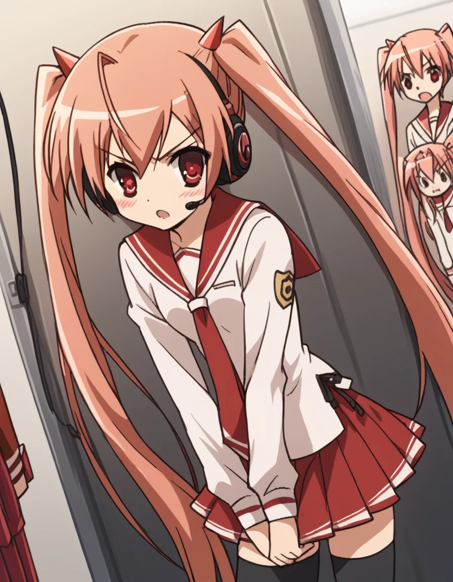 score_9, score_8_up, score_7_up, source_anime, <lora:aria-holmes-kanzaki-s1-ponyxl-lora-nochekaiser:1>, aria holmes kanzaki, long hair, red eyes, twintails, pink hair,, skirt, thighhighs, school uniform, serafuku, zettai ryouiki, white shirt, long sleeves, red sailor collar, necktie, red necktie, red skirt, pleated skirt,, music store, browsing records, headphones, vinyl collection, nostalgic, , <lora:x-arms-ponyxl-lora-nochekaiser:1>, x arms, blush, open mouth, leaning forward,, looking at viewer, solo,, dutch angle, cowboy shot