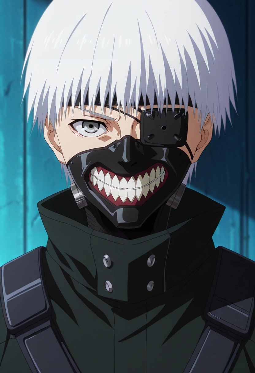 masterpiece, best quality, , anime screencap, anime coloring, official style, looking at viewer, 1boy, solo, male focus, <lora:ken_kaneki_ilxl:1>, ken_kaneki, white hair, grey eyes, short hair, bangs, , eyepatch, mask, mouth mask, teeth, , ,