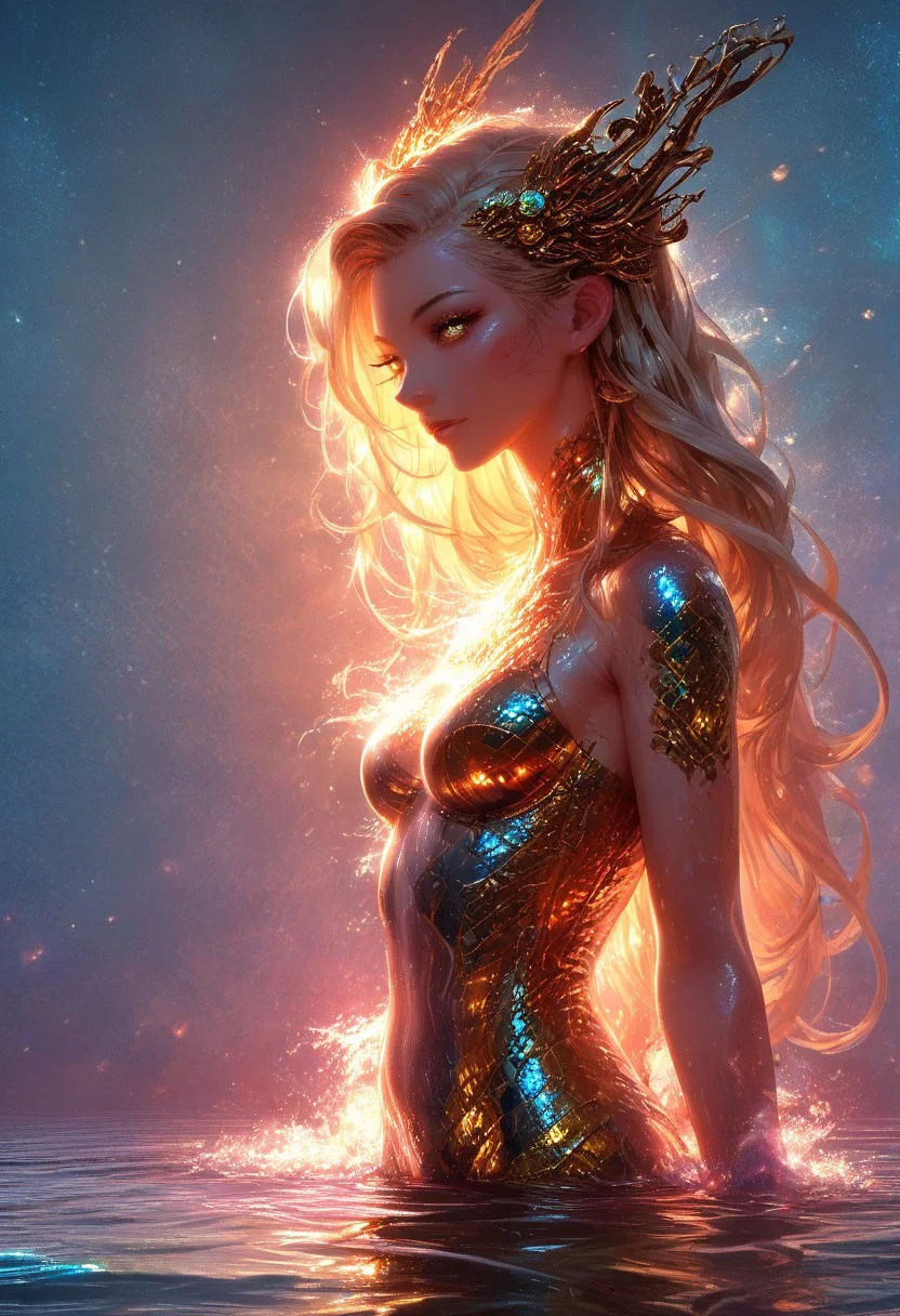 (score_9, score_8_up), score_7_up, zPDXL, solo, zPDXL3, <lora:MythAnim3Style:0.8>, MythAn1m3, character, source_anime, 1girl, mermaid, Iridescent eyes, aquatic scene, dreamlike atmosphere, mystical, ethereal light, detailed textures, whimsical, rippling, dripping, water element, very long cascading hair, water, very beautiful, sexy, sexy body, beautiful body, scales, wet body, Iridescent scales, bubbles, water drops, Iridescent skin, multi colored eyes, partially underwater shot, bioluminescent skin, bioluminescent, glowing, bioluminescent scales, bioluminescent hair, bioluminescent scales, FastNegativeV2, laser light clothes, submerged breast, water line on lense, view from under water, waterline, great lighting, seashells details, metallic details, hair ornaments, gems, sunset, bioluminescent tattoos, coastal landscape background, long hair braids, wet transparent clothing, translucent clothing, bodysuit with flowing sleeves, dark hair