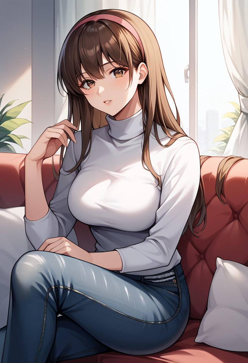 score_9, score_8_up, score_7_up, score_6_up, source_anime, BREAK masterpiece,  <lora:HitomiDOA:0.9>, HitomiDOA, brown hair, pink hairband, long hair, jeans, white turtleneck, sitting, couch, window, curtains, parted lips, looking at viewer, breasts, jeans,