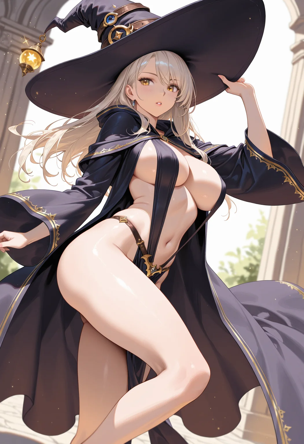 1girl, witch, (huge brimhat:1.1), mage, robes, revealing, casting, platinum blonde hair, golden eyes, shadow masterwork, masterpiece, best quality, detailed, depth of field, , high detail, best quality, very aesthetic, 8k, dynamic pose, depth of field, dynamic angle, adult, aged up