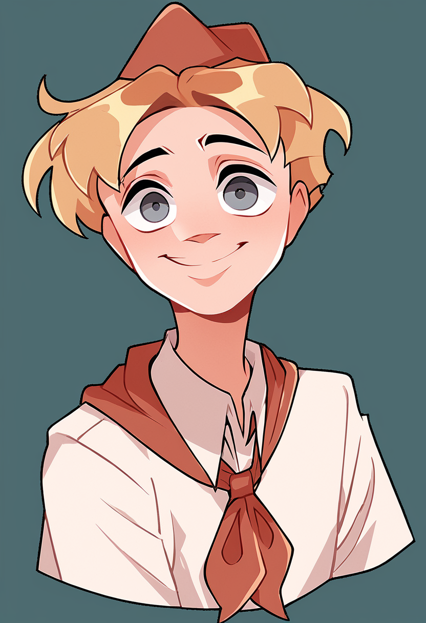 score_9, score_8_up, score_7_up, best quality, highres, blonde hair, solo, shirt, white shirt, simple background, short hair, upper body, 1boy, neckerchief, grey eyes, hat, red neckerchief, smile, looking at viewer, <lora:VladikVk_stikersÐÐ»Ð°Ð´Ð¸Ðº:1>
