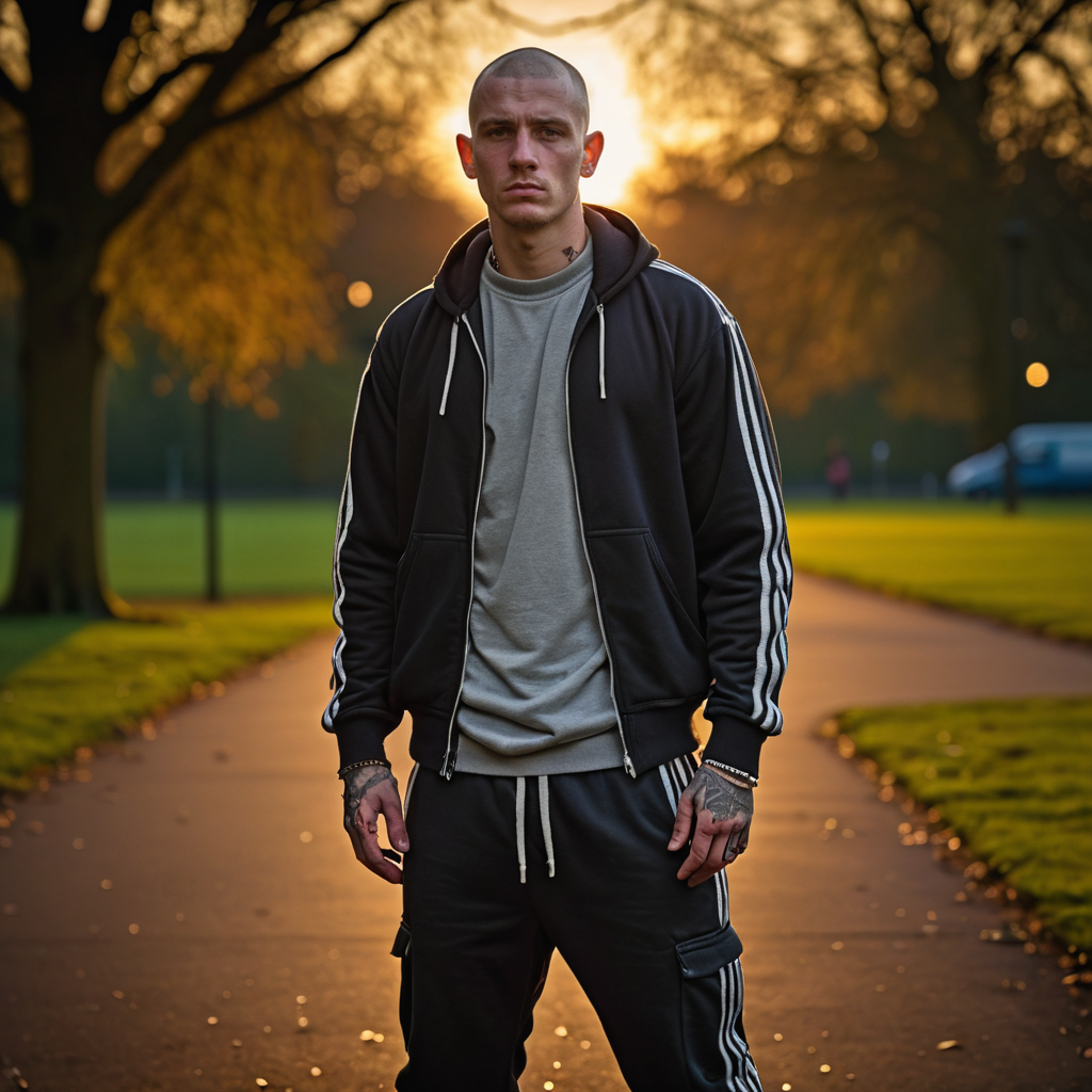 RAW photo, a rough, dirty youngish Mancunian chav, skinhead, he's a mean, rough druggie wearing trackies in a Manchester park at sunset, dramatic lighting, atmospheric, intricate detail