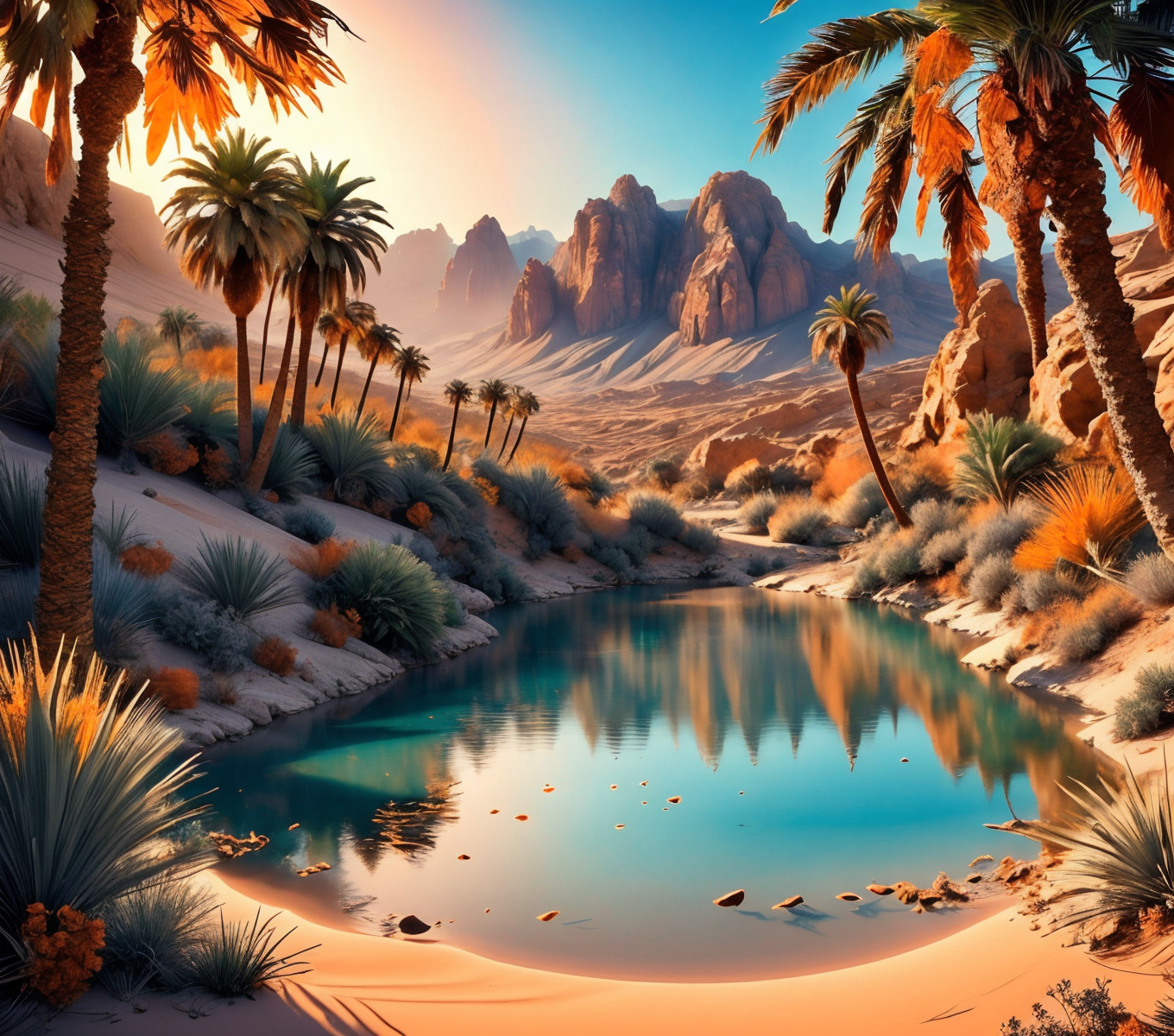 RAW photo, (masterpiece:1.3), subsurface scattering, heavy shadow, (high quality:1.4), (intricate, high detail:1.2), professional photography, HDR, High Dynamic Range, realistic, ultra realistic, photorealistic, high resolution, film photography, ambient lighting, atmospheric effects, <lora:detail_slider_v4:2>, OverallDetail,  <lora:Oasis:1>, beach, blue sky, blunt bangs, grass, mountain, lake, no humans, oasis, orange sky, outdoors, palm tree, reflection, rock, sand, scenery, tree, water