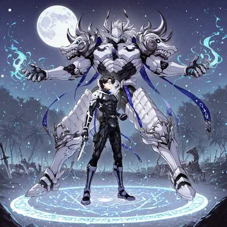 2boys, gay, yaoi, human x robot, interspecies, size difference, contrasting builds, full body, perfect anatomy, easynegative, clear eyes, BREAK 

[1boy, m1namoto_n0_tametom0, robot, helmet, black and red body, armor, halfskirt, bow], BREAK

[1boy, Ritsuka_Fujimaru, (Human), twink, pale skin, short hair, black hair, turquoise eyes, (glasses), dagger, spellbook, white and black hooded robe, skintight suit with blue lines, bulge], BREAK

Barren plains, night, moon, smile, combat pose, look at each other, magic circle, glow, BREAK

masterpiece, perfect quality, best quality, perfect anatomy, absolutely eye-catching, homoerotic, BREAK

((4k,8k,Ultra HD)),((Masterpiece :1.2)),((Best quality :1.2)),((Detailed :1.5)),((Detailed background :1.5))