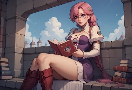 score_9, score_8_up, score_7_up, score_6_up BREAK emmacs2, bare legs, blue eyes, breasts, glasses, long sleeves, purple corset dress, red laces, white under skirt, knee boots, white juliet sleeves, long hair, braided ponytail, pink hair,sitting,reading book,sky <lora:emma-rebake3:0.8>