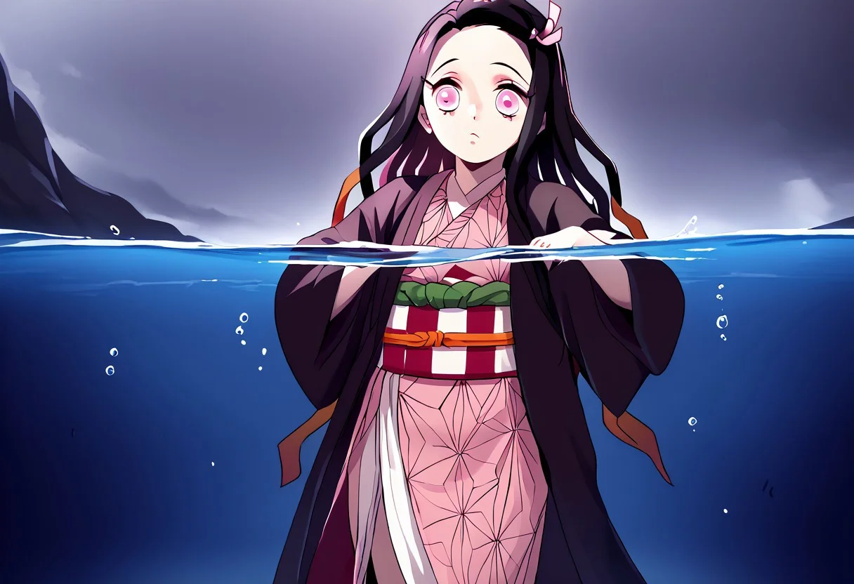 kamado nezuko,1girl, black hair, pink eyes, magenta pupils, pink hair ribbon, two-tone hair, nezukob, black hair, purple eyes,white pupils, pink hair ribbon, two-tone hair, nezukoc, black hair, solid circle eyes, parody, pink hair ribbon, two-tone hair, pink kimono, black haori,asa no ha \(pattern\), virgin destroyer sweater, partially underwater shot