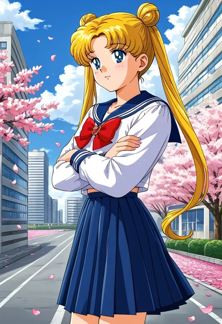 Retro art style, solo, Tsukino Usagi, 1 girl, pretty face, melancholic, blue eyes, blonde hair, long hair, parted bangs, very long hair, double bun, double pigtails, very long pigtails, jewelry, brooch, (serafuku, school uniform, skirt, blue skirt, pleated skirt, bow, sailor collar, blue sailor collar, red bow, bow, white blouse, long sleeves), looking away, arms crossed, outdoors, wind, pink petals, buildings in the background, street, day, sakura trees