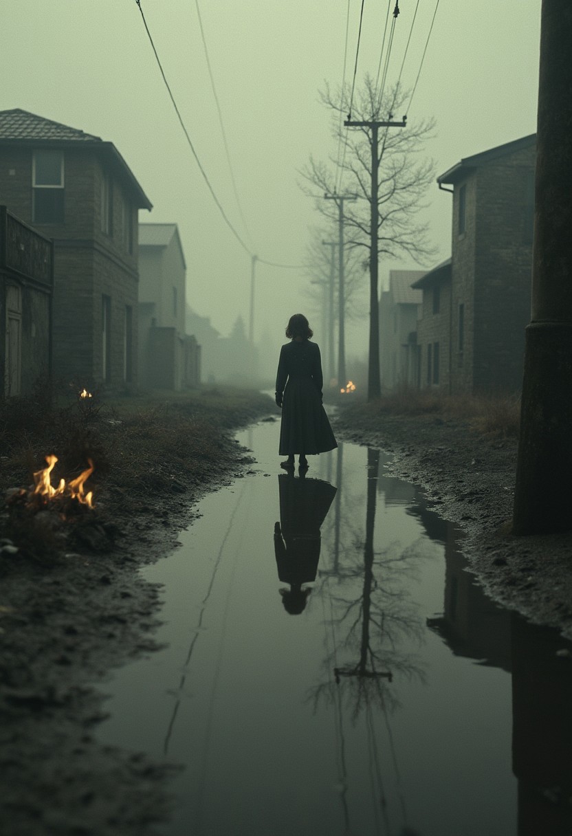 "A grainy, raw photo of a burning village reflected in a puddle, upside-down and distorted, pastel flames licking the edges, a zombie-like figure drifting through the mist, captured in a hazy, surreal moment." cinematic_1940s cinematic_octane