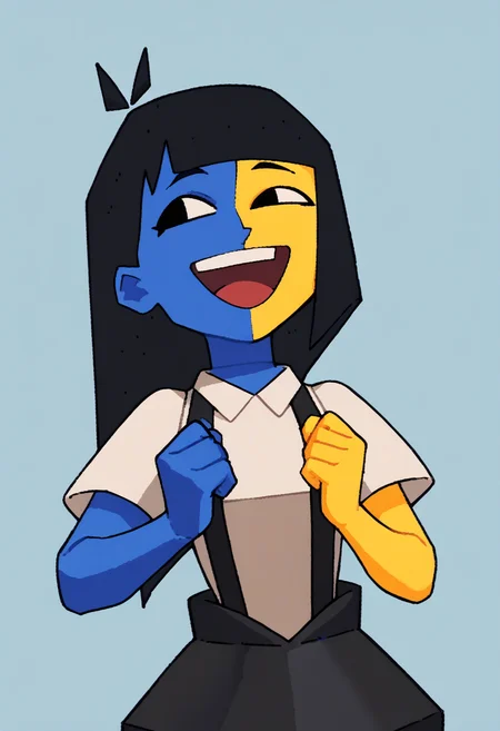 score_9, score_8_up, score_7_up, score_6_up, score_5_up, score_4_up, 1girl, <lora:Ena:0.9> solo, colored skin, yellow skin, blue skin, black eyes, suspenders, shirt, short sleeves, black skirt, laugh,
light blue background, simple background,