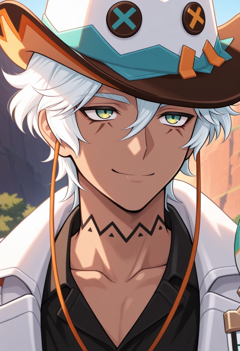 masterpiece,best quality,amazing quality, source_anime,
ifagimpa, 1boy, male focus, solo, dark skin, dark-skinned male, green eyes, white hair, hat, cowboy hat, white headwear, neck tattoo, collarbone, shirt, black shirt, coat, white coat, portrait, smile, outdoor,