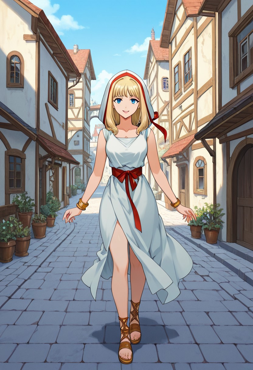 score_9,score_8_up,score_7_up,source_anime,5_figner,2d_animation,game cg,BREAK,1girl,solo,Meisia,lips,blue eyes,blonde hair,bangs,
hood,bracelet,sandals,dress,red ribbon,
medium breasts,
front view,cowboyshot,looking at viewer,
smile,
Outdoor,old,town,fantasy,
masterpiece,best qualit,ultra-detailed,illustration,an extremely delicate and beautiful,beautiful detailed eyes,unity 8k wallpaper,high resolution,anime CG,official_art,