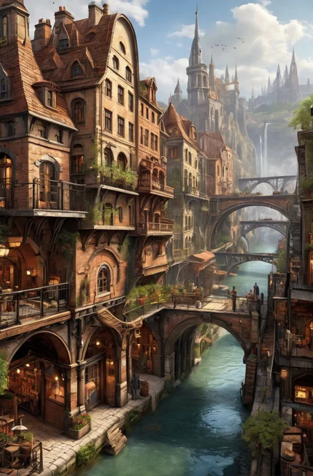 ((masterpiece)),((best quality)),((high detial)),((realistic,)) Industrial age city, deep canyons in the middle, architectural streets, bazaars, Bridges, rainy days, steampunk, European architecture