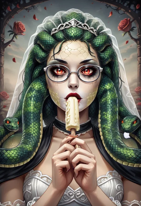 1girl, detailed face, emo makeup, snake hair, veil, black wedding dress, glasses, holding icecream popsicle, snake, snake on shoulders, upper body,  rose, the  contur of the petals glow eerily white, dim light, intricate details, horror theme, cementary, detailed background, 
BL4CK3STBL4CK, black_theme, matte_color, flat color, diamondMW