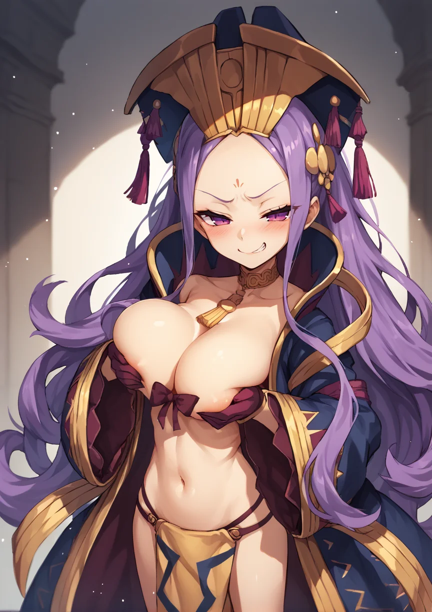 1girl, long hair, purple hair, purple eyes, forehead, forehead mark, hat, hair ornament, bow bra, loincloth, coat, long sleeves, gloves, big breasts, breast expansion, blushing, smug, grabbing own breasts <lora:Wu_Zetian_Fate_Grand_Order_XL_v2:1>, score_9, score_8_up, score_7_up, score_6_up, score_5_up, score_4_up, BREAK source_anime, masterpiece