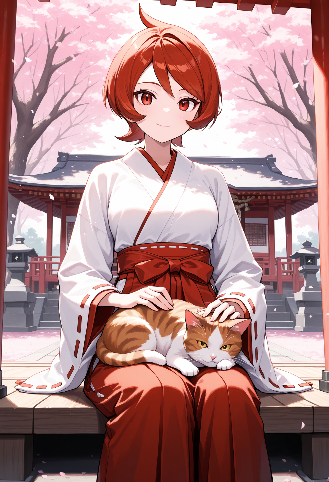masterpiece, best quality, 1girl, solo, red hair, cowlick, zzArezu, miko, japanese clothes, red hakama, white kimono, ribbon trim, outdoors, sitting, on lap, animal on lap, cat on lap, cat, petting, red eyes, wide sleeves, hakama skirt, shrine, east asian architecture, tree, looking at viewer, cherry blossoms, closed mouth, smile