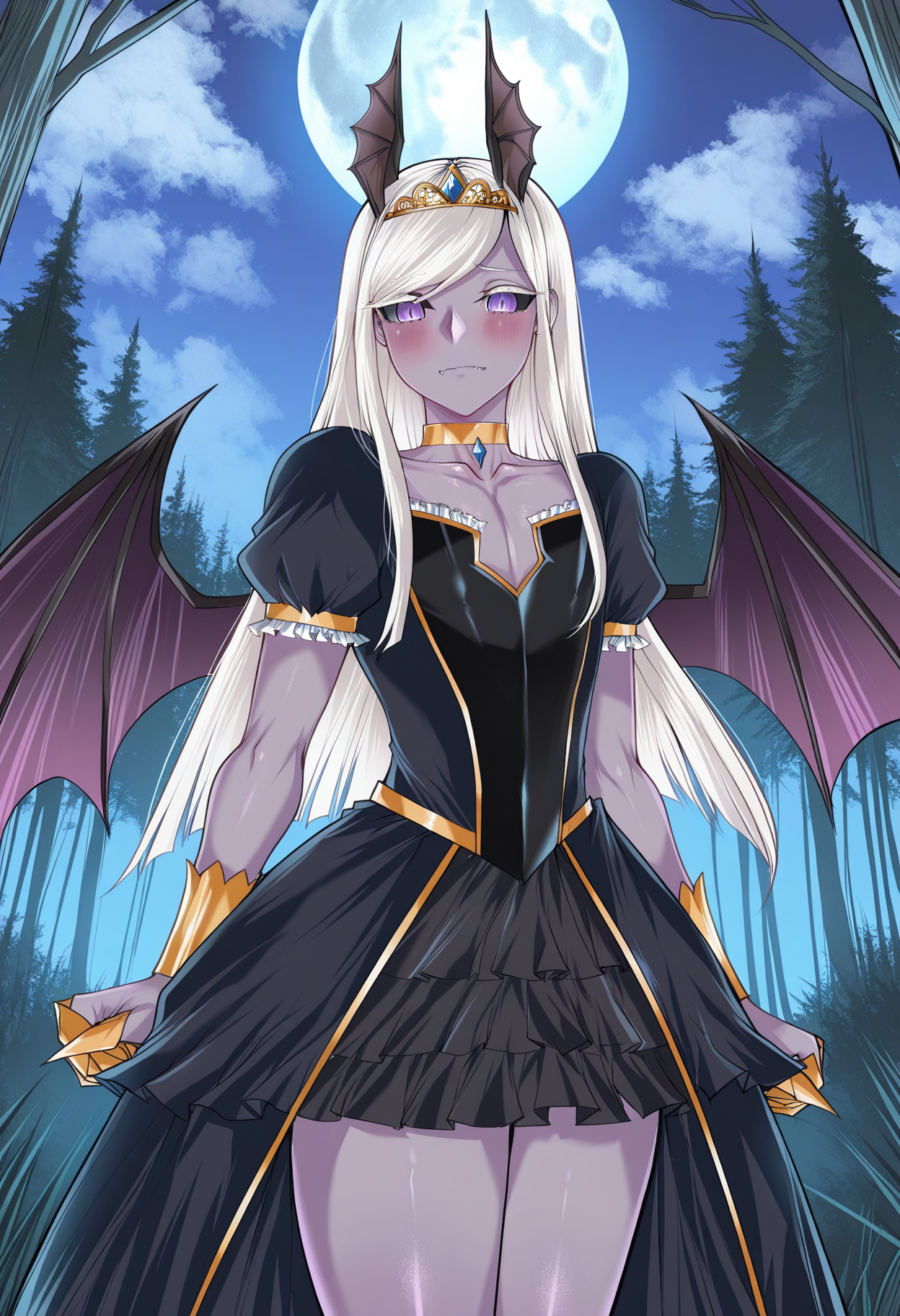 solo, 
1boy, trap, small eyes, black sclera, purple eyes, without pupils, color skin, grey skin, bat ears, bat wings, claws, fangs, long hair, white hair, skinny,
princess outfit, dress, blushing, shy, gold sapphire tiara, choker, standing, facing the viewer,
forest, moon , clouds, cowboy shot,
<lora:lungnutIL-style:1>,lungnut, masterpiece,best quality,amazing quality,