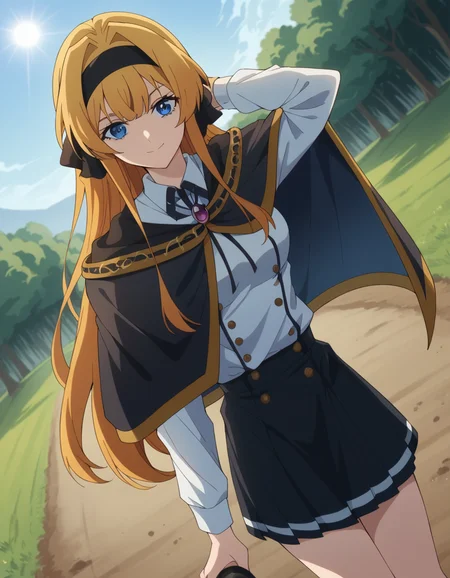 score_9, score_8_up, score_7_up, source_anime, <lora:lihanna-owenzaus-s1-ponyxl-lora-nochekaiser:1>, lihanna owenzaus, long hair, bangs, blue eyes, blonde hair, hairband, black ribbon, hair intakes, black hairband, medium breasts,, skirt, black skirt, school uniform, cape, gemstone, brooch, long sleeves, shirt, white shirt, collared shirt, bike ride, countryside, dirt road, trees, afternoon sun, peaceful, alone, smile, looking at viewer, hand behind head, , solo,, cowboy shot, dutch angle
