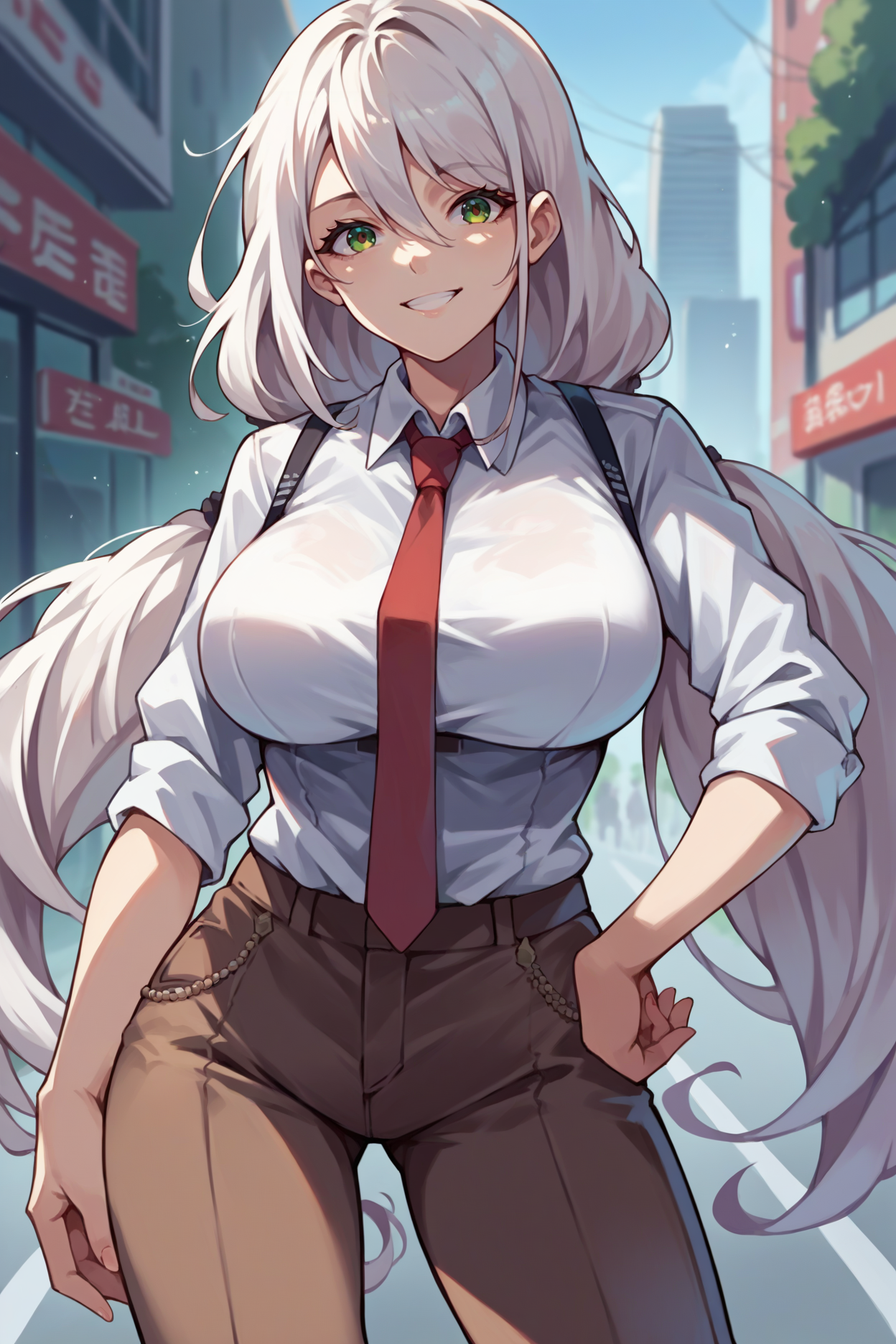 score_9, score_8_up, score_7_up, score_6_up, source_anime, 1girl, solo, <lora:aquila-pdxl-nvwls-v1:1> defAql, low twintails, white hair, low twintails, large breasts, white shirt, collared shirt, brown pants, looking at you, city street, hand on hip, smile, red necktie