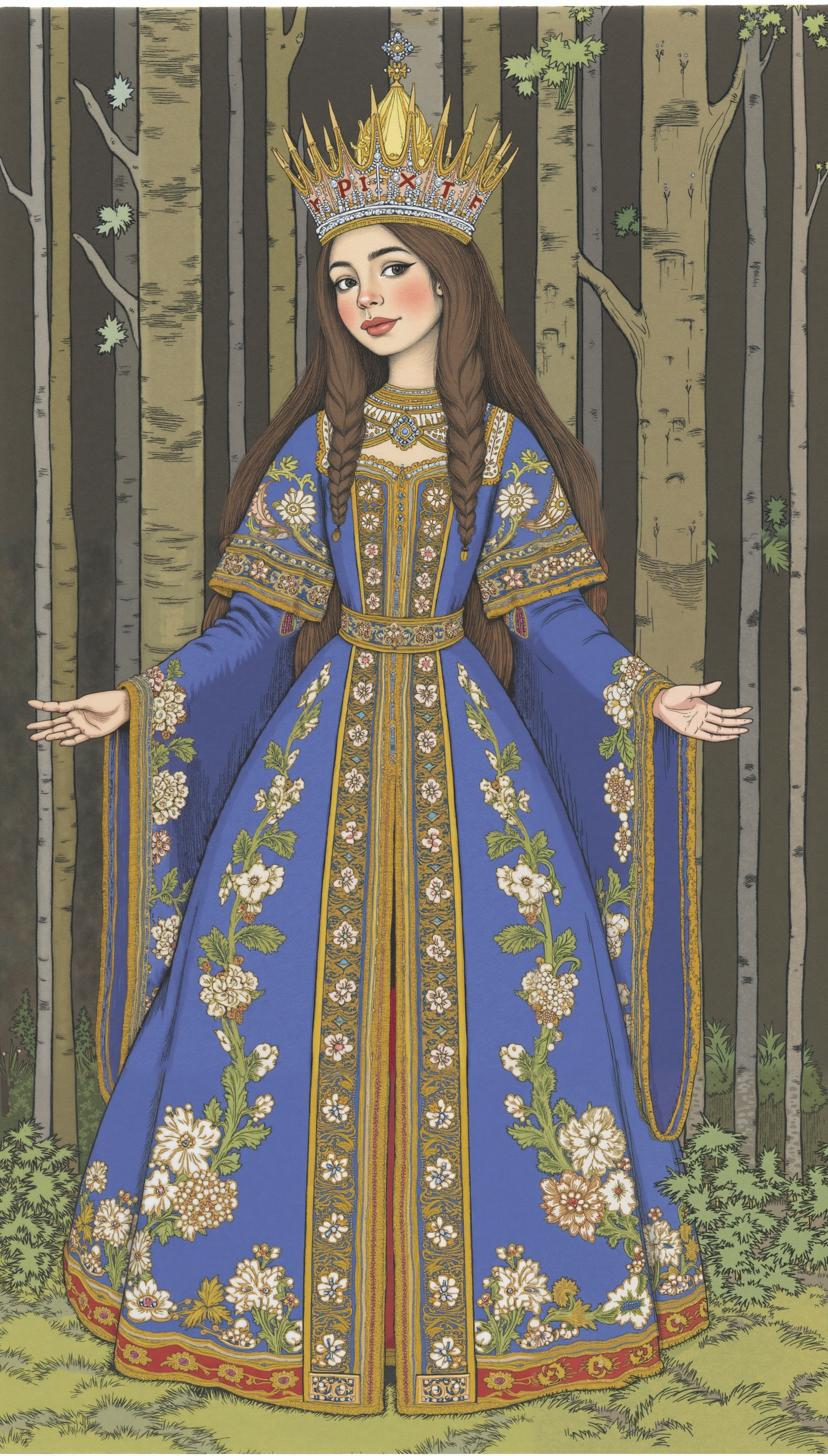 A cartoon portrait of a beautiful Russian girl queen in traditional Slavic dress style. She has long, dark hair and wears a crown adorned with pearls and jewels. The queen's dress is blue and gold, with intricate embroidery and a pattern of flowers. The background is a forest with tall trees. The illustration style is reminiscent of Ivan Bilibin's work