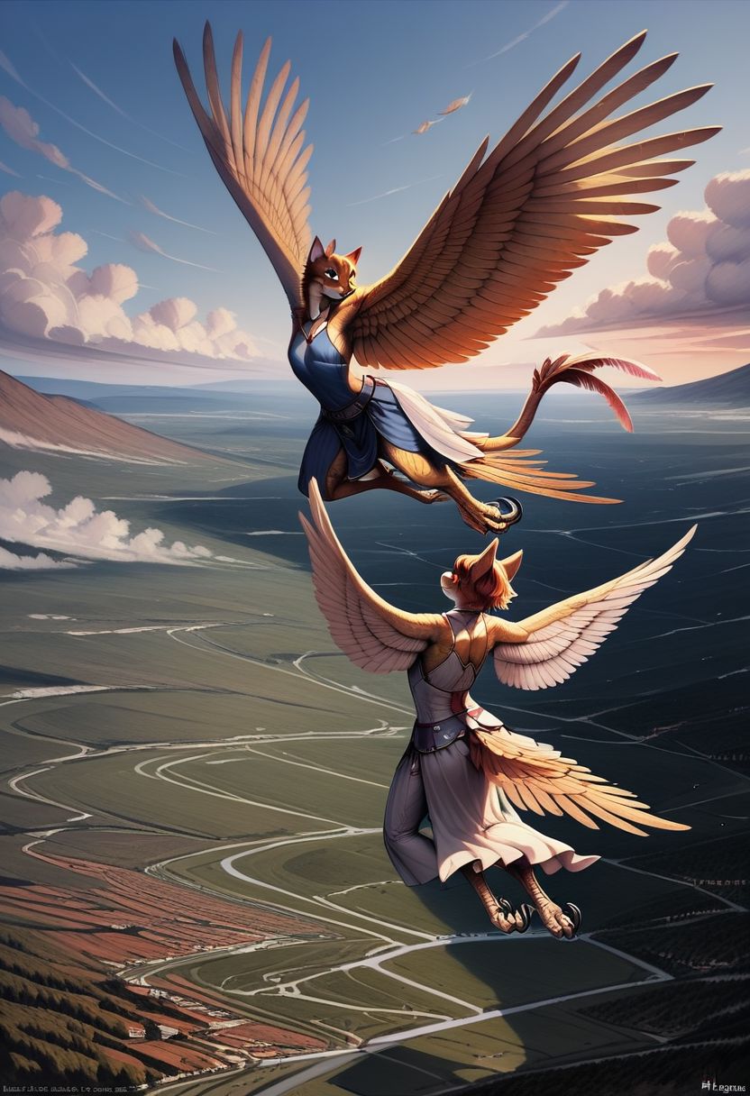 [creature name: Palagiri]
2 people, duo, androgynous, flat chest, no breasts, anthro, short hair, ((handfeet, prehensile toes, finger-toes, dexterous toes)):1.5, ((winged arms)), fully clothed, long pelvic curtain skirt, feline face, feline nose, feline ears, ((tapering tail, feather tipped tail)), large wings, digitigrade legs, no paws, harpy feet
Sky background, flying, wings spread
((Close up)), detailed face, detailed handfeet, detailed toes, detailed wings, rating: pg, score: 8 up, score: 9