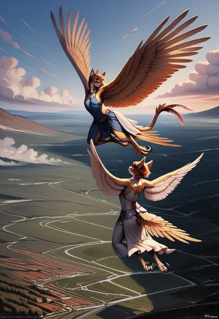 [creature name: Palagiri]
2 people, duo, androgynous, flat chest, no breasts, anthro, short hair, ((handfeet, prehensile toes, finger-toes, dexterous toes)):1.5, ((winged arms)), fully clothed, long pelvic curtain skirt, feline face, feline nose, feline ears, ((tapering tail, feather tipped tail)), large wings, digitigrade legs, no paws, harpy feet
Sky background, flying, wings spread
((Close up)), detailed face, detailed handfeet, detailed toes, detailed wings, rating: pg, score: 8 up, score: 9