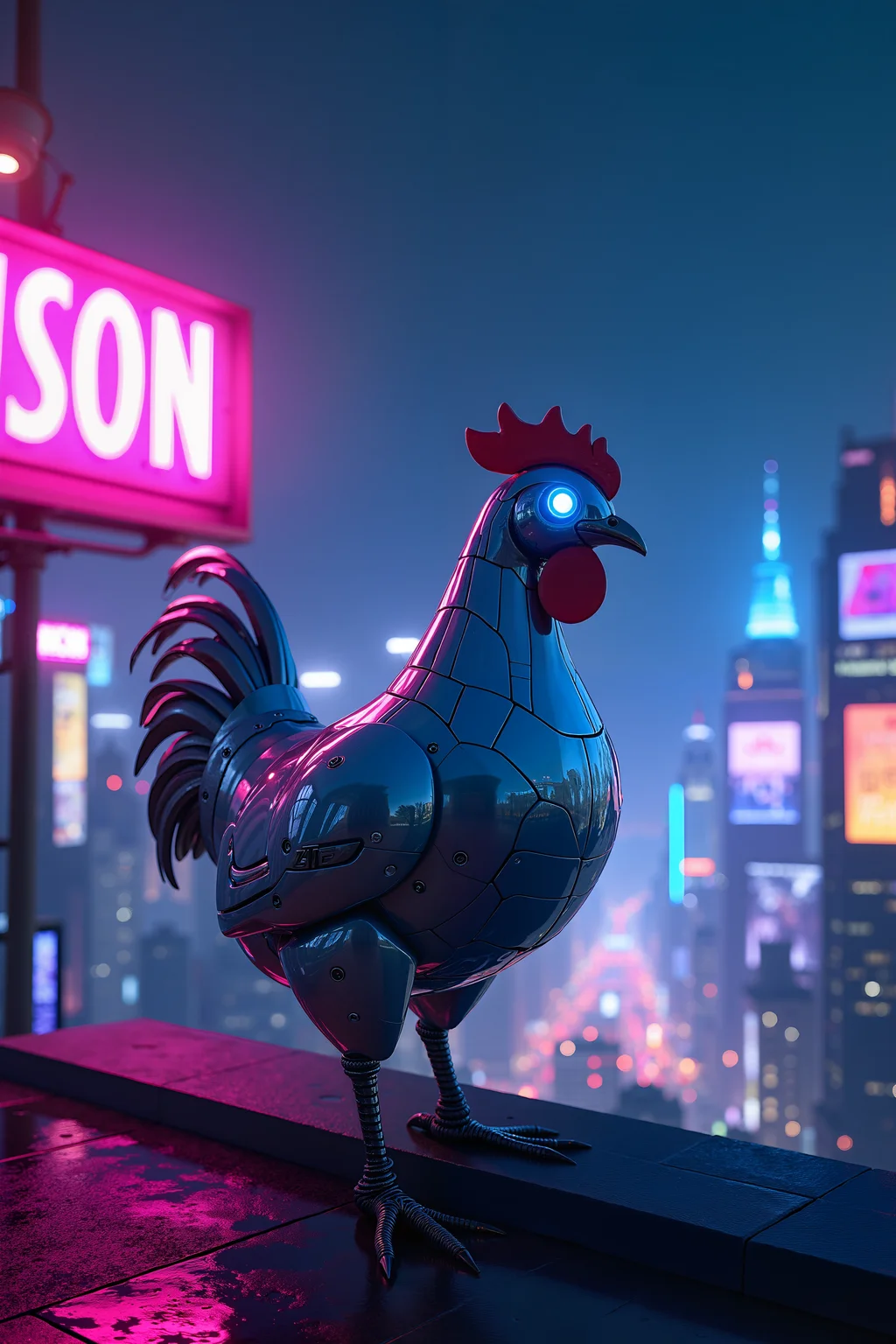 A vibrant scene set atop a futuristic city rooftop at night, where asleek cyborg chicken stands poised against the backdrop of a dazzling neon skyline. The cyborg chicken , with a polished metallic exterior and glowing blue circuitry embedded in its limbs, gazes out over the city. Its eyes, bright with a sharp, electronic glow, reflect the neon lights that bathe the rooftop in a colorful spectrum. The cyborg's design features smooth, aerodynamic lines, and its posture exudes both strength and elegance.
The rooftop is adorned with an array of neon signs in various hues—pink, purple, and electric blue—casting a kaleidoscope of colors across the scene. The neon lights illuminate the cyborg’s metallic form and create a stark contrast with the dark night sky. In the distance, the cityscape is a sprawling matrix of illuminated skyscrapers and holographic advertisements, further enhancing the futuristic atmosphere. The lighting effects from the neon signs and city lights add a dramatic flair, highlighting the cyborg’s detailed features and creating a dynamic, high-tech ambiance.