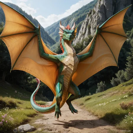 score_9, score_8_up, score_7_up, score_6_up, masterpiece, high quality, realistic, detailed, best quality, 1girl, solo, rating_safe, source_furry, outdoors, flying, smiling, looking at viewer, spread wings, wyvern, scales, wings, tail, 1boy, male, green scales, green eyes, feral, full body, detailed eyes, bipedal, dragon