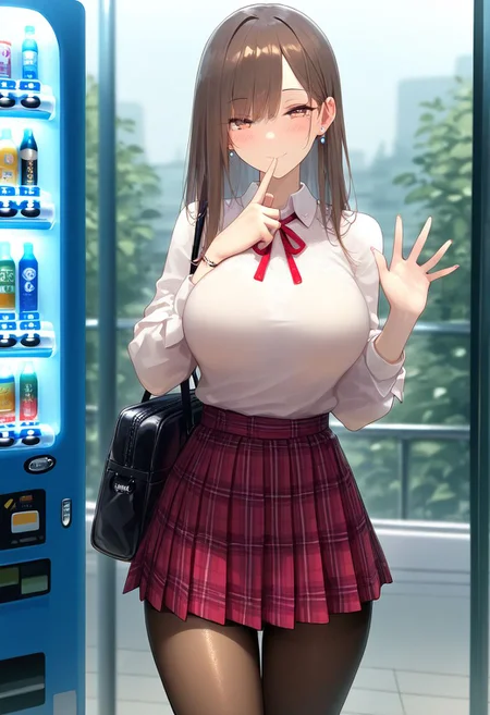 masterpiece, best quality, amazing quality, very aesthetic, absurdres,<lora:RLI(noobai)0.1v:1>,
1girl, solo, long hair, breasts, looking at viewer, blush, shirt, large breasts, skirt, brown hair, long sleeves, ribbon, closed mouth, jewelry, standing, pantyhose, outdoors, cowboy shot, earrings, pleated skirt, hand up, bag, blurry, sweater, plaid, neck ribbon, red skirt, plaid skirt, finger to mouth, brown pantyhose, shoulder bag, stud earrings, vending machine, naughty face,