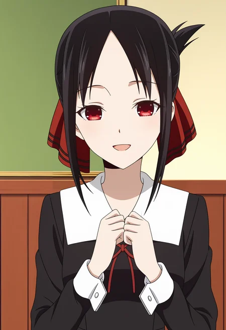 <lora:Kaguya SHINOMIYA_illustrious-000010:1>,1girl,solo,Kaguya SHINOMIYA,
solo,school uniform,red ribbon,open mouth,ribbon,smile,black dress,dress,own hands together,long sleeves,hair ribbon,indoors,:d,sidelocks,parted bangs,neck ribbon,upper body,collared dress,anime screencap,