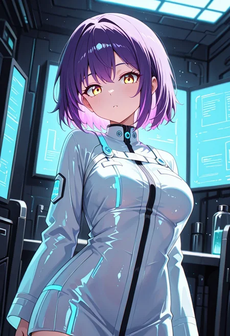 masterpiece, best quality, good quality, very aesthetic, absurdres, newest, 8K, depth of field, in the style of cknc, artist:moriimee, in the style of cksc,
1girl, short purple hair, glowing streaks, yellow eyes, medium breasts, firm, circuit-patterned robe, glossy skin, casting hologram, looking at viewer, from front
BREAK
futuristic lab, glowing screens, sparks flying
BREAK
cool tones, neon glow, high contrast, reflective surfaces, rich details, intense atmosphere