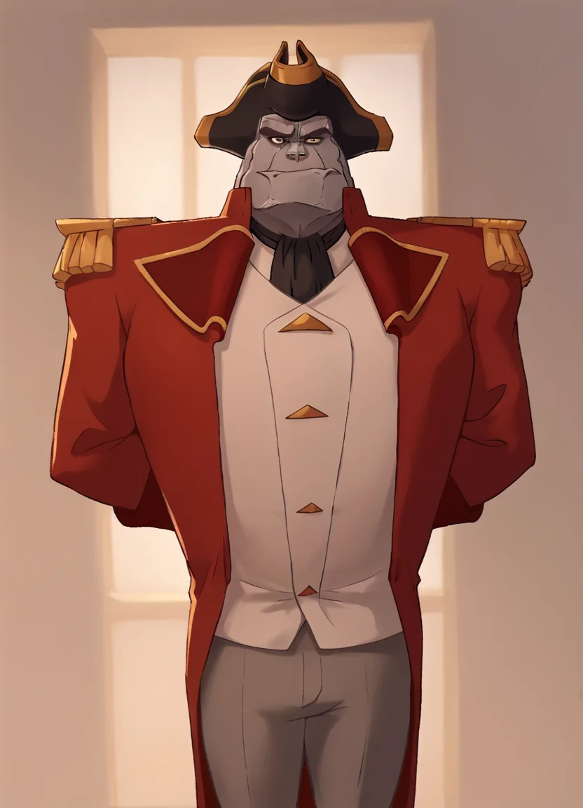 mr arrow, grey skin, white shirt, ascot, 1boy, solo, male focus, red jacket, epaulettes, pants, bicorne,arms behind back,  score_9, score_8_up, score_7_up, score_6_up, score_5_up, score_4_up, looking at viewer, cowboy shot,   <lora:MrArrowPony1.0-000017:0.8>
